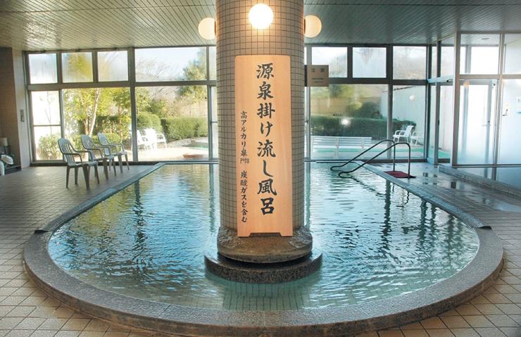 源泉かけ流し風呂。湧き出した温泉をそのまま使用。加温、加水なしのぬる湯が売り