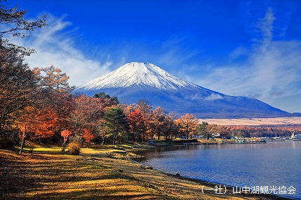富士山、紅葉、山中湖が美しい構図を作ります